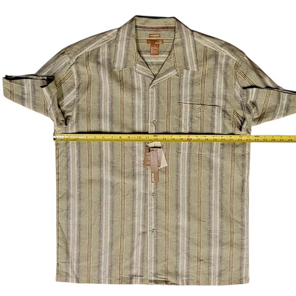 Bruno 100% Washable Linen Short Sleeve Striped Sage Green Button Front Shirt NEW - Picture 7 of 11